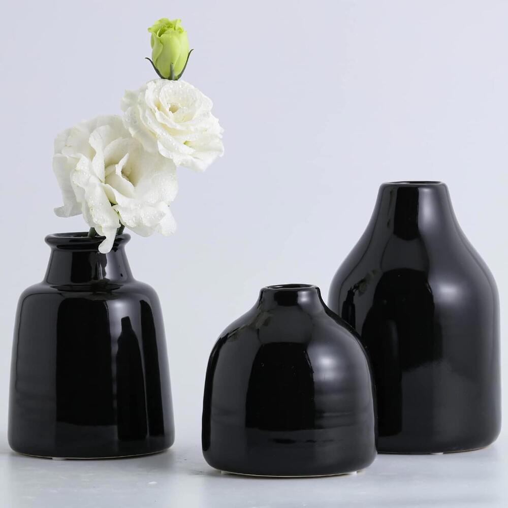 Matte Black Set of 3 Small Ceramic Bottle Vases